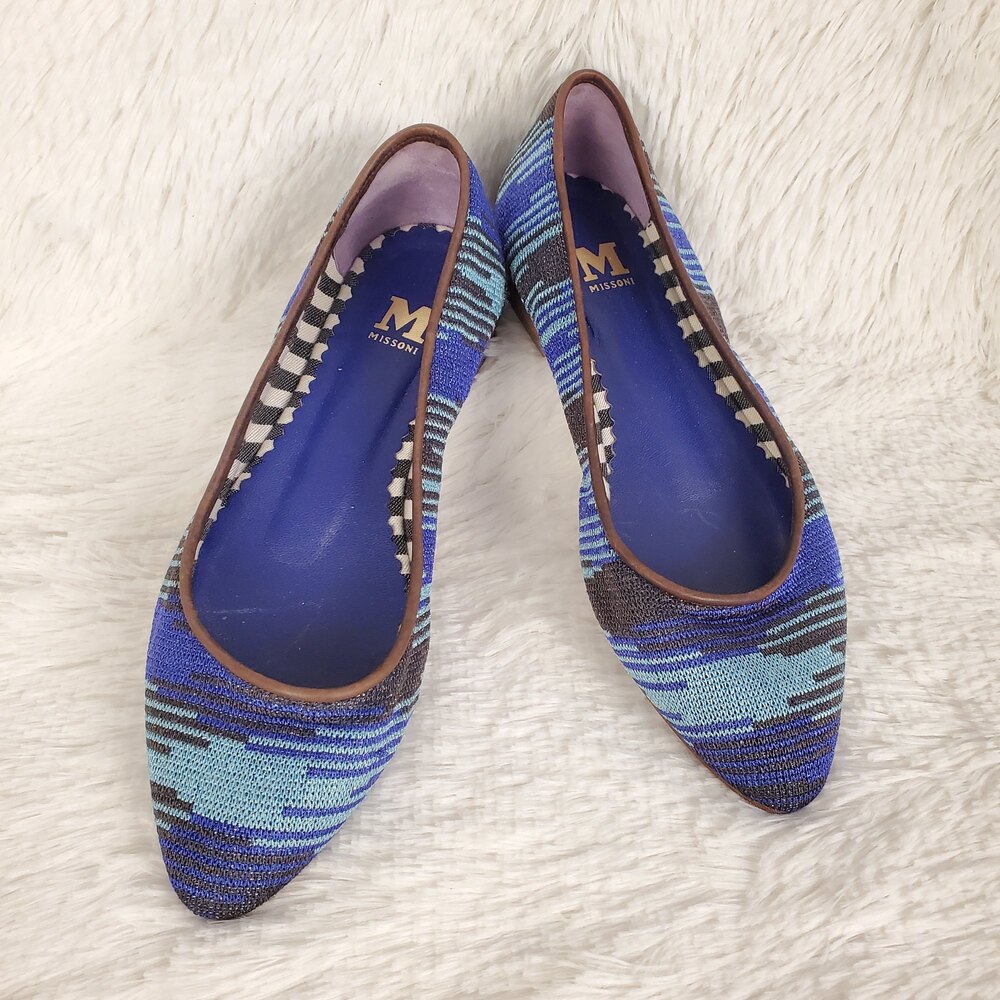 M Missoni Knit Pointed Toe Ballet Flats Slip On Shoes Blue Black Size 36 EU